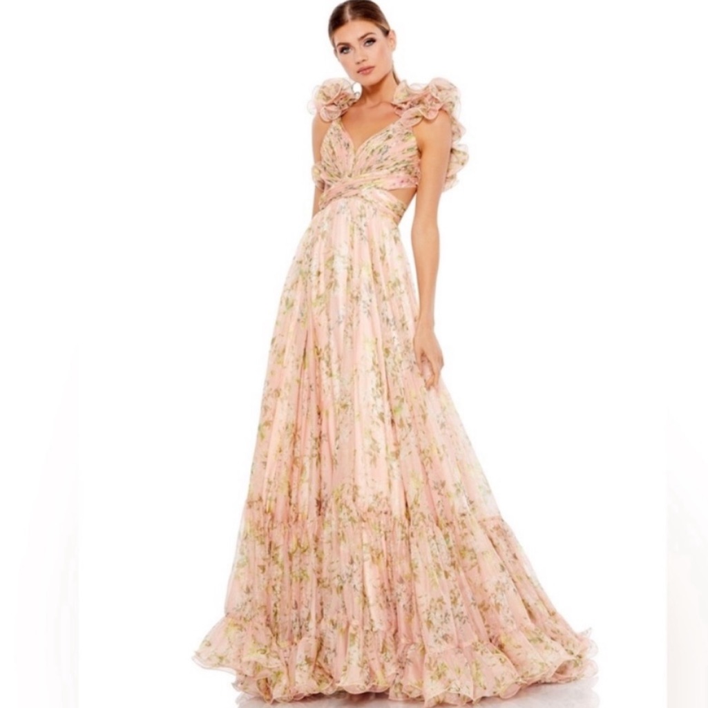 Mac Duggal 67803 Ruffle Floral Cut-Out Chiffon Gown